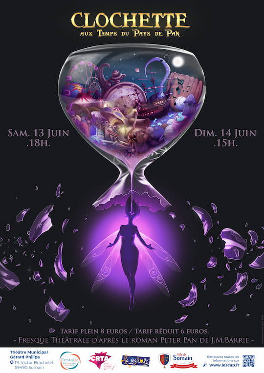 Affiche du spectacle « Clochette aux Temps du Pays de Pan ». Fresque théâtrale d’après le roman Peter Pan de J.M. Barrie. Samedi 13 juin à 18h et dimanche 14 juin à 15h au Théâtre Municipal Gérard Philippe, place Victor Brachelet, 59490 Somain. Tarif plein 8 euros, tarif réduit 6 euros.